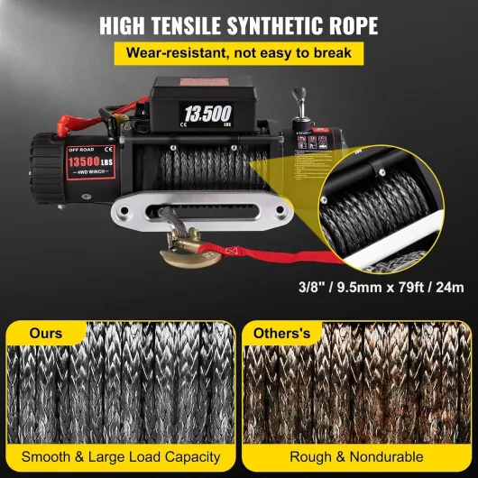 Treuil électrique 12v 13500lb/ 6123KG Avec TéLéCommande Corde Synthétique 24m*9.5mm Télécommande Sans Fil, Moteur haute puissance, engrenage en acier intégral