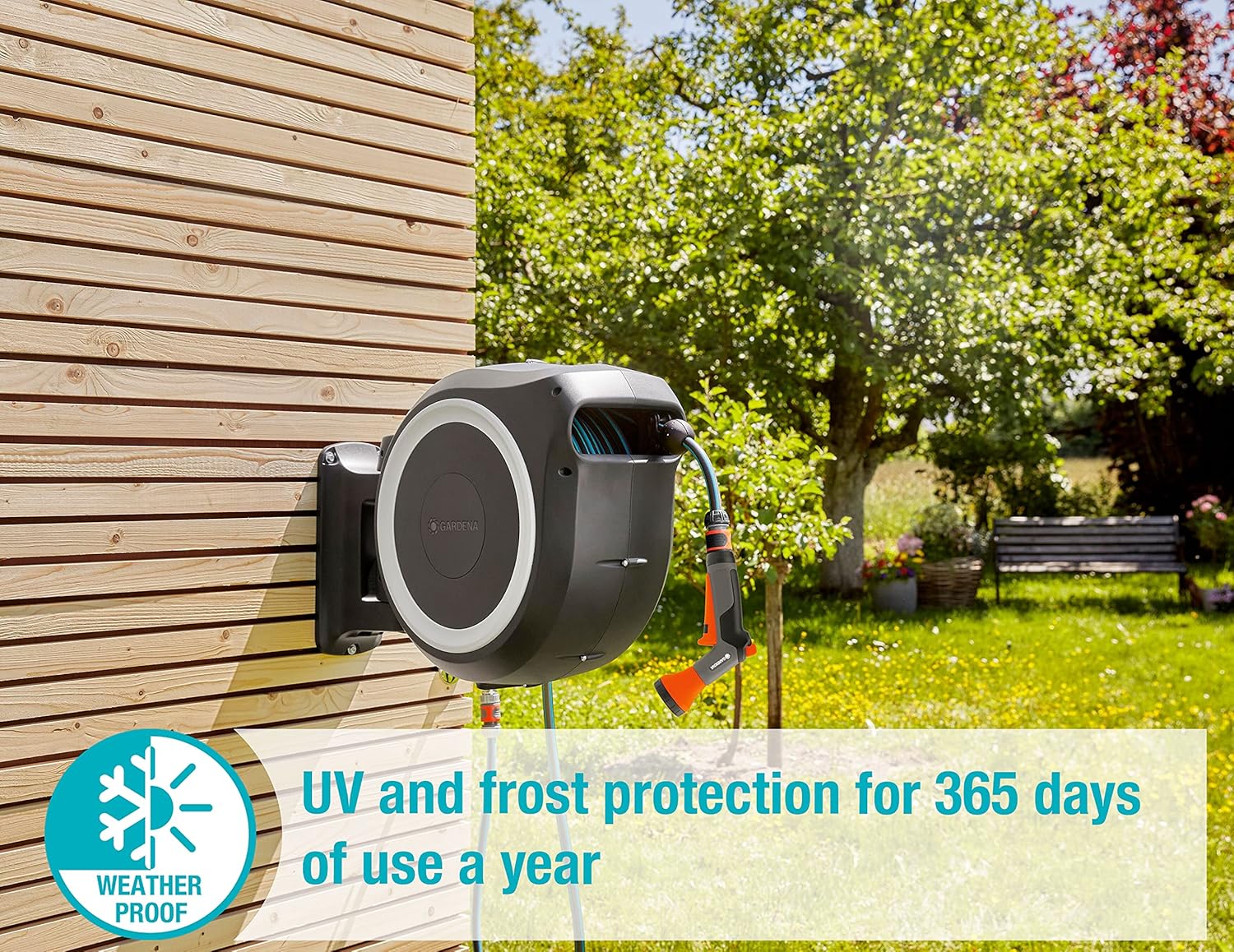 Boîte à tuyau murale RollUp L (blanc) 30 m : avec Comfort Multi-Seringue, boîte à tuyau pivotante, guide-tuyau intégré, avec tuyau de qualité Gardena de 30 m et aide au montage (18627-38) 2025 30m with nozzle