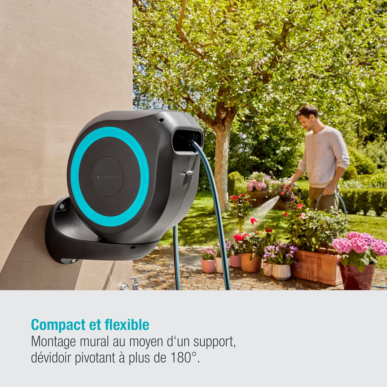 Coffre de tuyau mural RollUp M 20 m: Arrosage flexible jardins de taille moyenne, enrouleur pivotant, support mural, pces du système et pulvérisateur, 20 m de tuyau Gardena inclus (18610-20) Turquoise