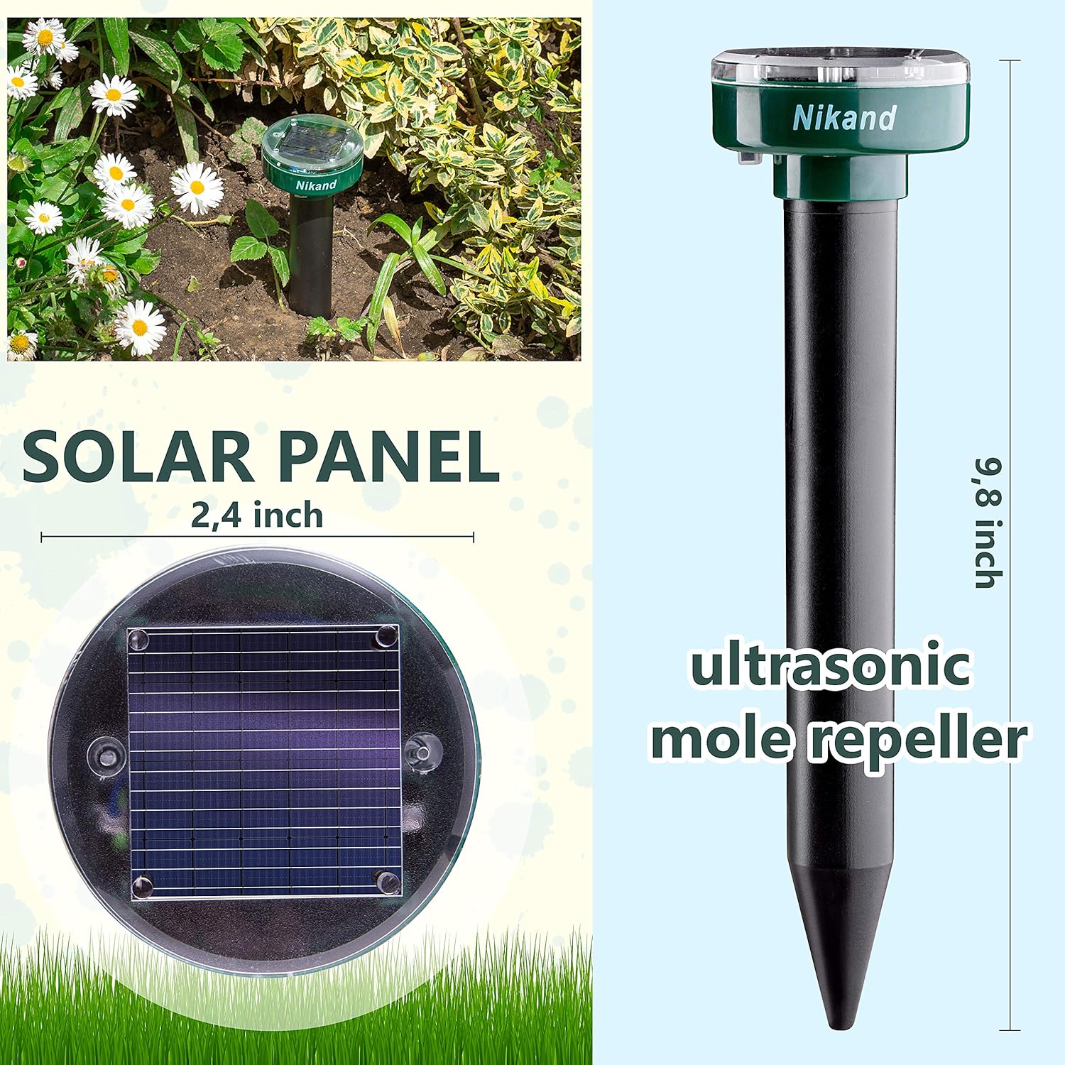 Gopher Lot de 4 répulsifs à ultrasons à énergie solaire – Répulsif à taupes pour animaux domestiques – Répulsif pour maraîche/serpent/rongeur/gopher piques anti-nuisibles – Dispositifs de dissuasion 1