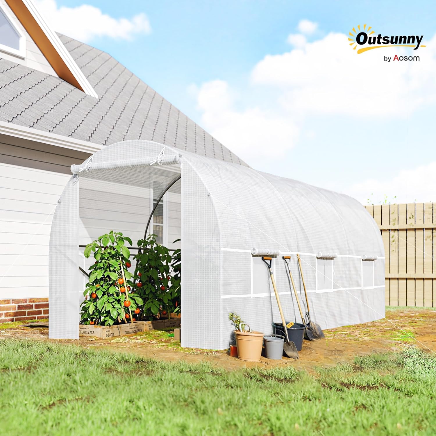 Serre Tunnel de Jardin 9m², Serre de Jardin Tunnel 445x200x200cm avec Porte et 6 fenêtres, pour extérieur, Toutes Saisons, légumes, Fruits, Fleurs, bâche PE Haute densité 140 g/m² Blanc 445L x 200l x 200H cm Blanc