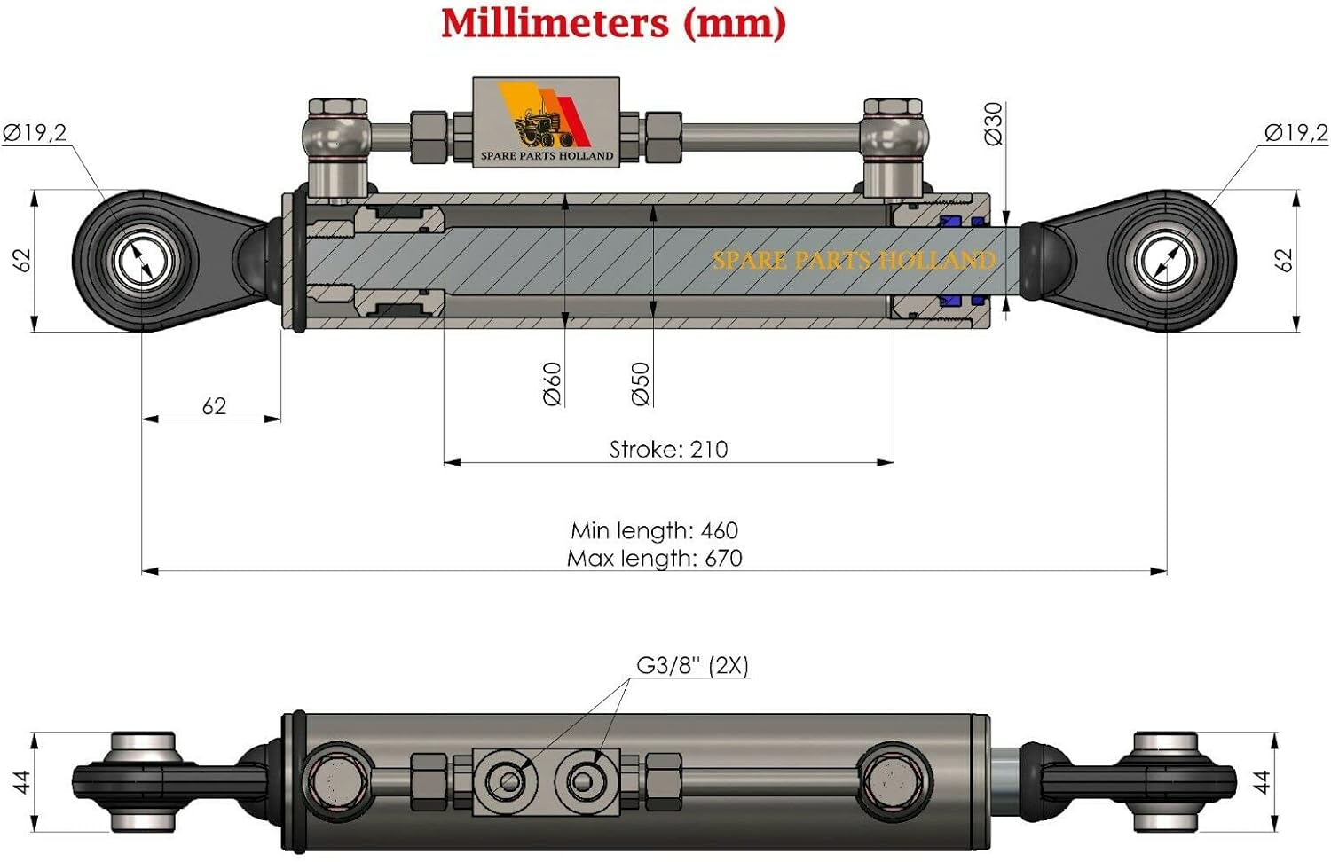 Barre de Poussée Hydraulique CAT1-1 avec Bloc de Blocage 460-670 mm avec 2 tuyaux.