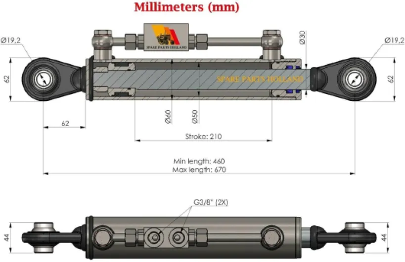 Barre de Poussée Hydraulique CAT1-1 avec Bloc de Blocage 460-670 mm avec 2 tuyaux.