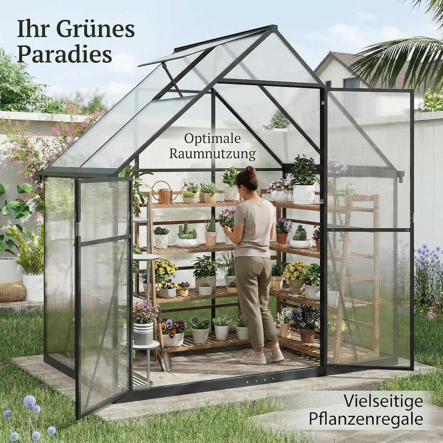 Serre de jardin 6 x 4 pi en polycarbonate avec cadre en aluminium, avec ventilation, porte verrouillable 6 x 4 cm