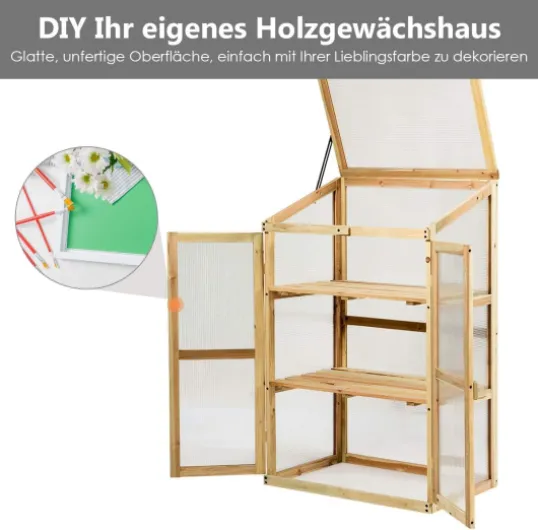 FANTASK Serre surélevée à 3 étages en Bois résistant aux intempéries avec 2 Portes et Couvercle, fenêtre en Polycarbonate, Plate-Bande pour Plantes, Armoire d'élevage, 60 x 45 x 100 cm, Naturel