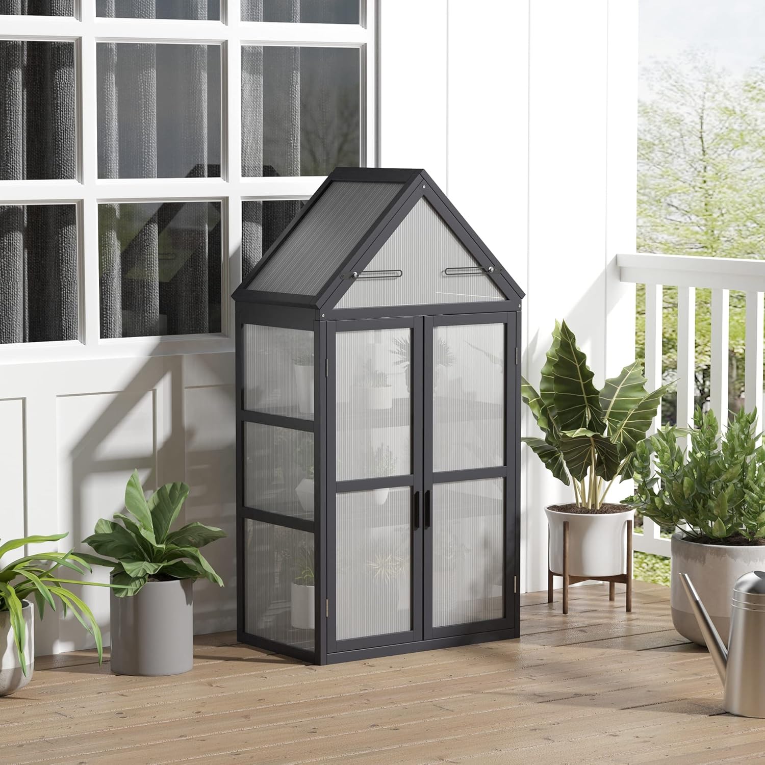 Mini Serre de Jardin en Polycarbonate Cadre en Bois 3 Niveaux dim - 70L x 42l x 132H cm Double Porte aération réglables - Gris