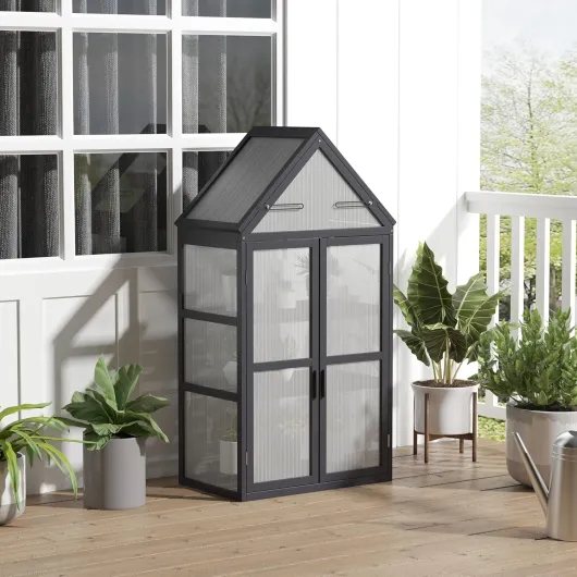 Mini Serre de Jardin en Polycarbonate Cadre en Bois 3 Niveaux dim - 70L x 42l x 132H cm Double Porte aération réglables - Gris