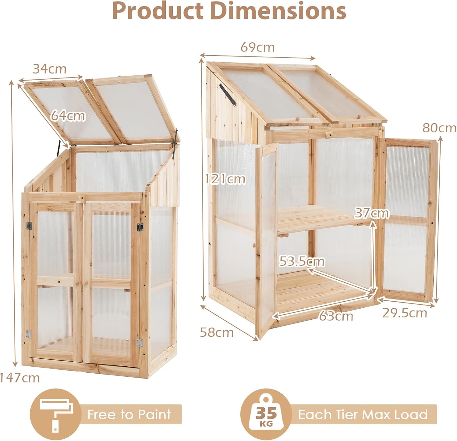 Serre de balcon en polycarbonate et verre, mini serre de jardin avec 2 étagères et portes, serre de terrasse en bois de sapin (naturel, 69 x 58 x 121 cm) nature 69 x 58 x 121 cm