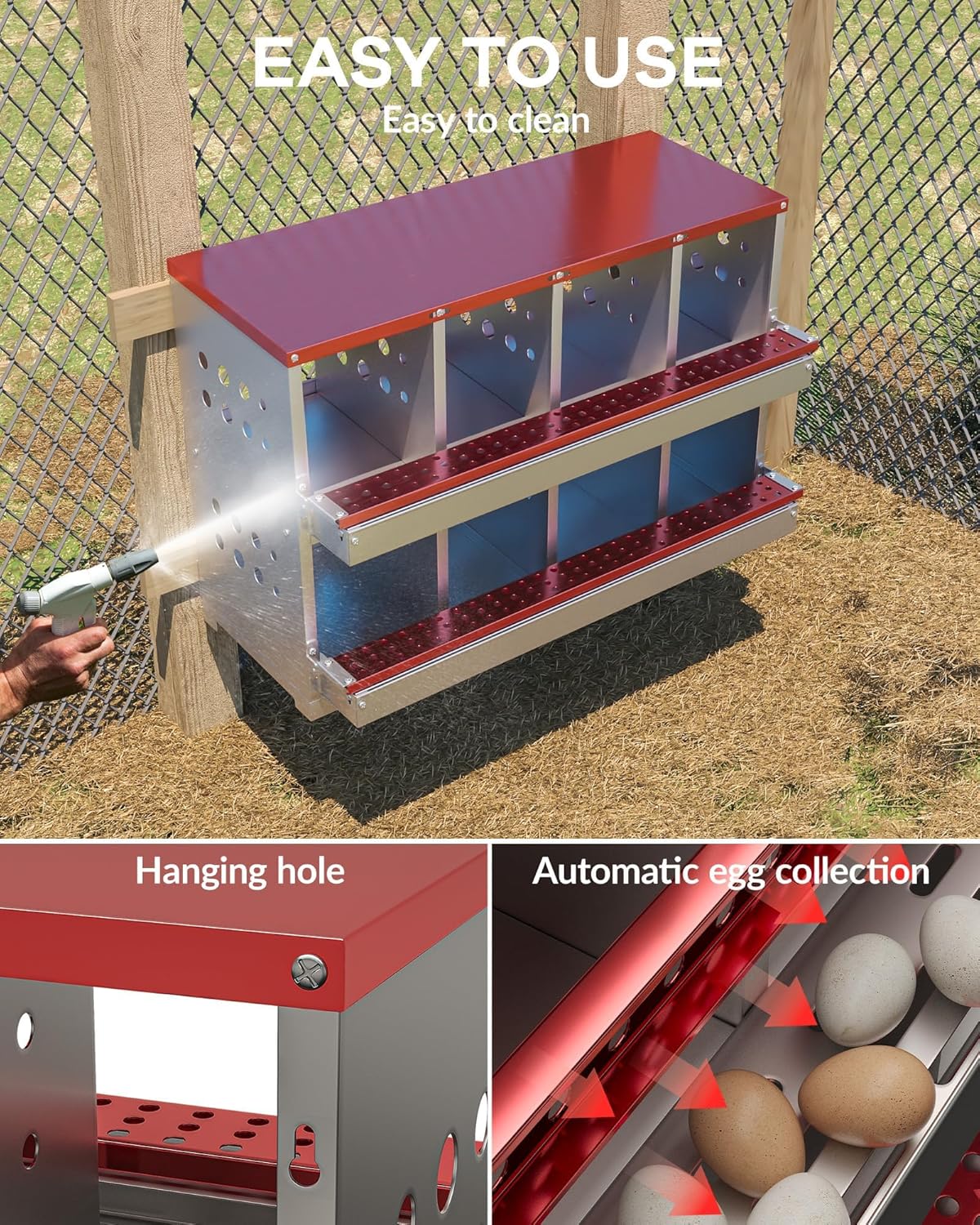 Pondoir pour Poules, Nichoirs en Métal à 8 Compartiments, Étanche, Antirouille et Ventilé, Plate-Forme de Repos, Pondoir Mural Enroulable pour Poules Rouge
