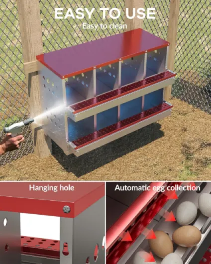Pondoir pour Poules, Nichoirs en Métal à 8 Compartiments, Étanche, Antirouille et Ventilé, Plate-Forme de Repos, Pondoir Mural Enroulable pour Poules Rouge