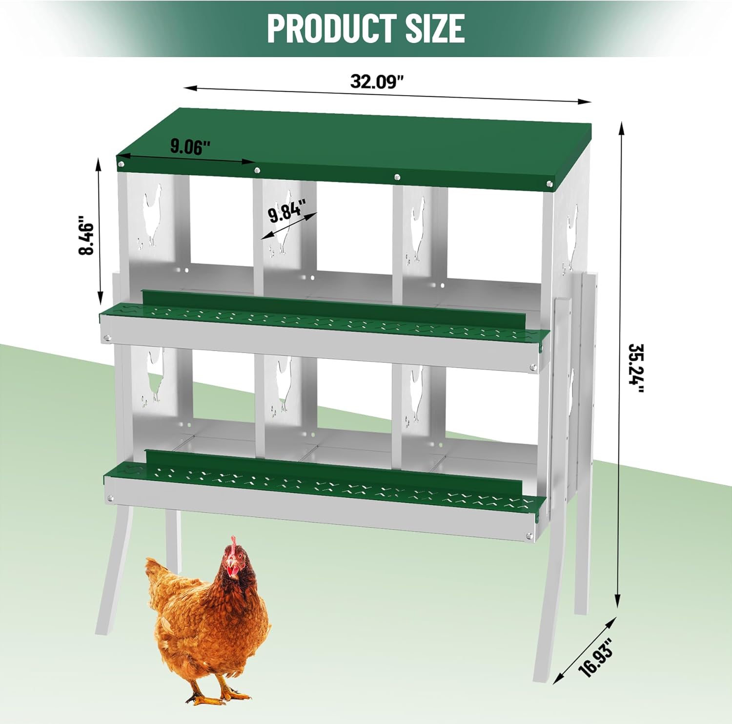 Nid de Pondoir pour Poules 6 Compartiments, avec Pieds, avec Bac de Récupération et Grille d'Aération - Pondoir Poule pour Différentes Races de Poules, Espace Ponte Spacieux, 84 x 43 x 90 cm, Vert Vert 6 trous avec pieds