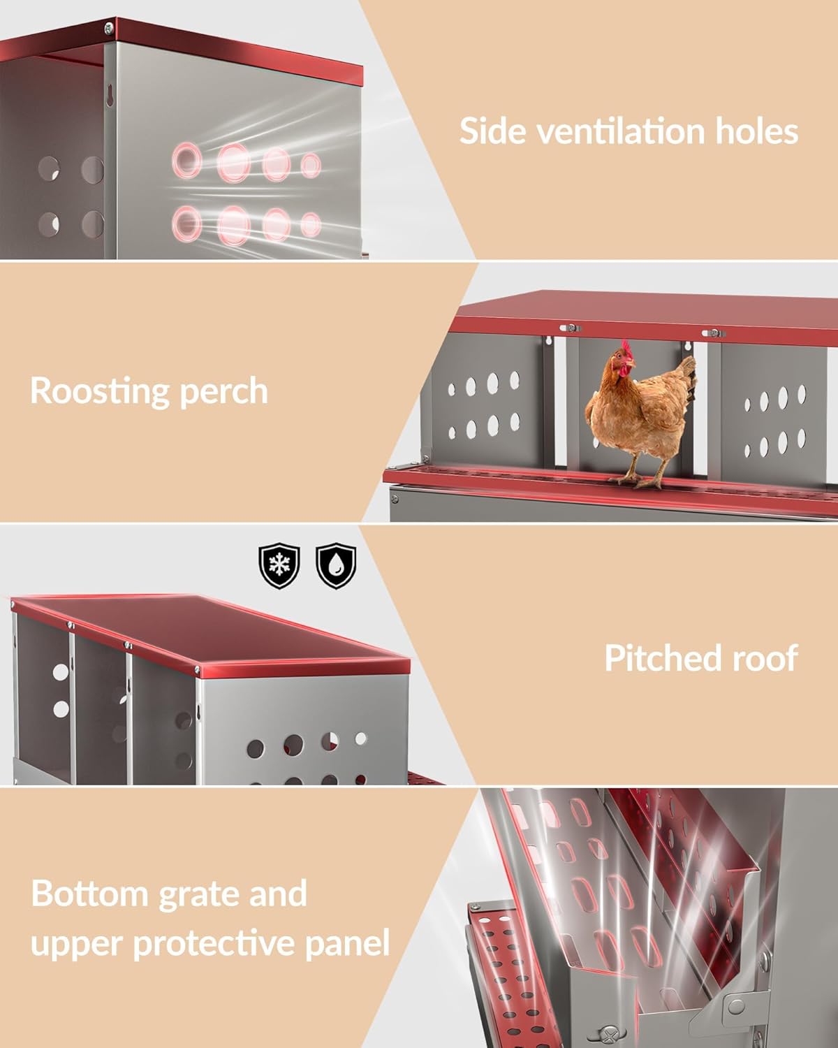 Nid de pondoir pour poules, 6 compartiments, avec bac récupérateur et grille d'aération, nid de poules pour montage mural, nettoyage facile pour différentes races de poules, rouge rouge 6 Fächer