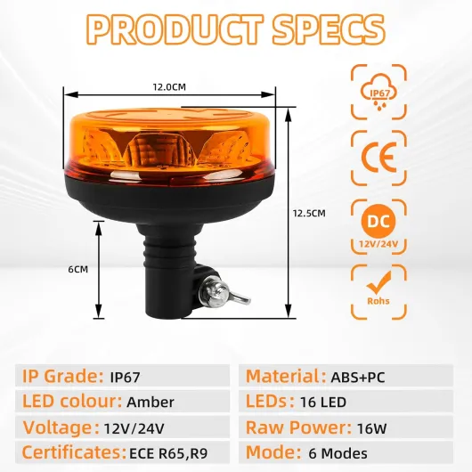 2PCS Gyrophare LED Orange, 12V-24V Orange-Phare d’Avertissement Clignotant avec 6 Modes de Flash Strobe Beacon Light Ambre pour Camion Tracteur Caravane IP67 étanche E-Mark E9 2 x Gyrophare-02