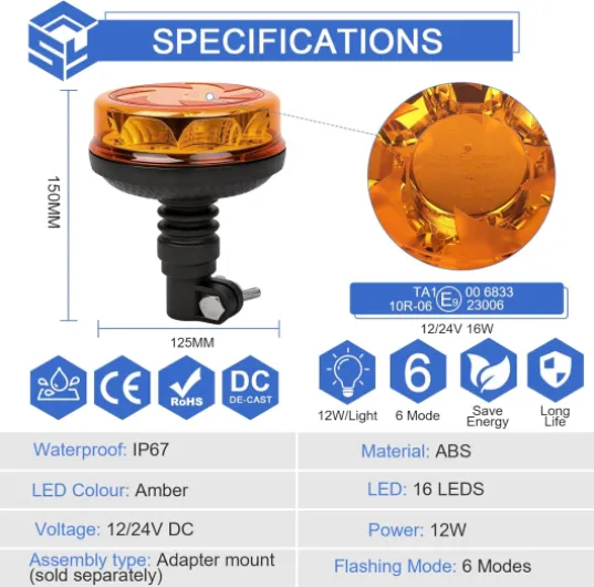 Gyrophare LED, Feu de Signalisation Orange, 6 Modèles Clignotants et 3 Modèles Rotatifs 1 Mode Croisière avec Boutons 12V-24V DC IP67 pour Voiture, Quad, Tracteur, Chariot Élévateur Gyrophare à LED 13