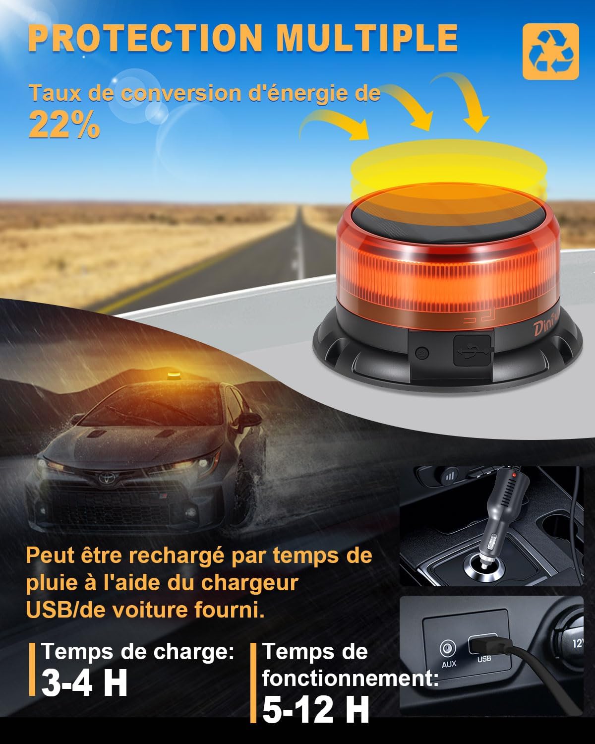 Gyrophare LED Sans Fil solaire 9 motifs clignotants 12V 24V, lampe d'avertissement LED jaune avec chargeur de voiture et câble USB pour voiture, camion, tracteur, voiture de golf, SUV