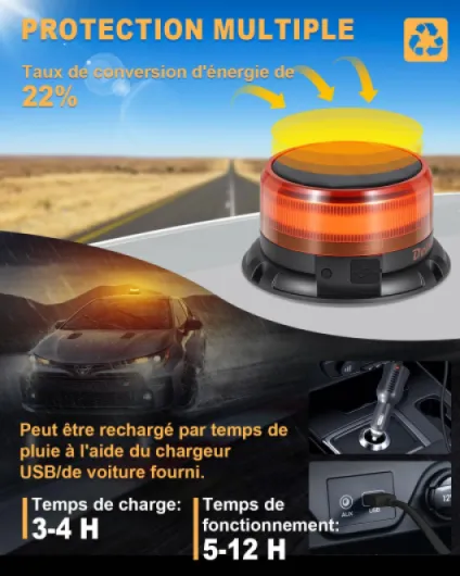 Gyrophare LED Sans Fil solaire 9 motifs clignotants 12V 24V, lampe d'avertissement LED jaune avec chargeur de voiture et câble USB pour voiture, camion, tracteur, voiture de golf, SUV