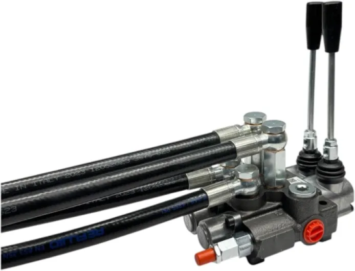 Distributeur oléodynamique pour tracteur 2 leviers double effet 3/8" 45 litres 300 bar complet avec tubes et raccords rapides push pull pull