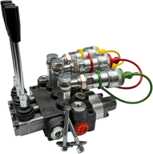 Distributeur oléodynamique pour tracteur 3 leviers - 2 double effet 1 seul effet c/bloc poussée 3/8" 45 litres 300 bar complet avec raccords rapides et bouchons de protection