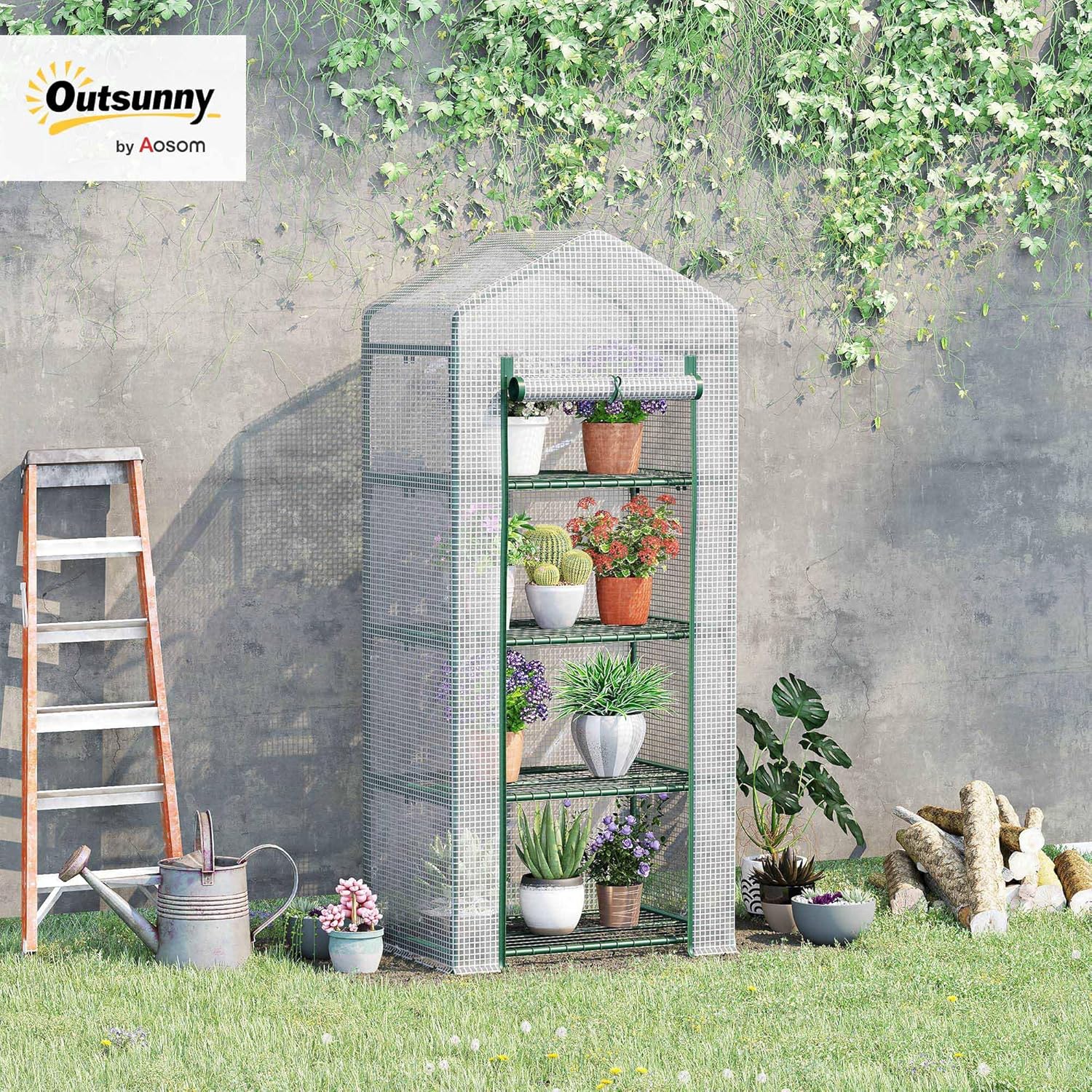 Serre de Jardin PE avec étagères 4 Niveaux, Serre de Balcon, bâche renforcée 140 /m², châssis en Acier, Porte zippée Enroulable, pour légumes Plantes, intérieur extérieur, 70x50x160cm, Blanc