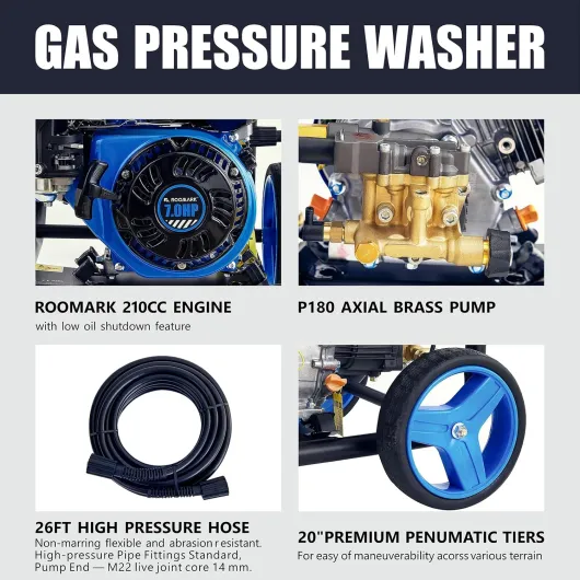 Nettoyeur Haute Pression Thermique 248 Bar, 3600 PSI 590L/h Laveuse à Essence 210cc 7,0 CV, Pompe à Flux Axial avec 5 Buses et Tuyau de 8m, Idéal pour Façades, Terrasses et Véhicules