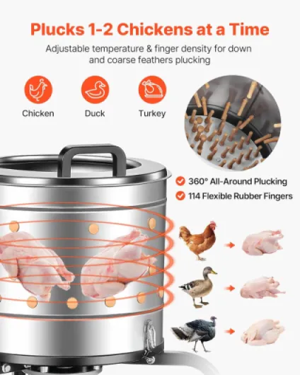 Plumeuse Volaille Électrique 500 W Plumeuse à Poulet Tambour Acier Inoxydable 40x35 cm Machine d'Épluchage 114 Doigts Souples, Roues de Transport, 230 TR/Min, pour Plumer Poules Canards Dindes