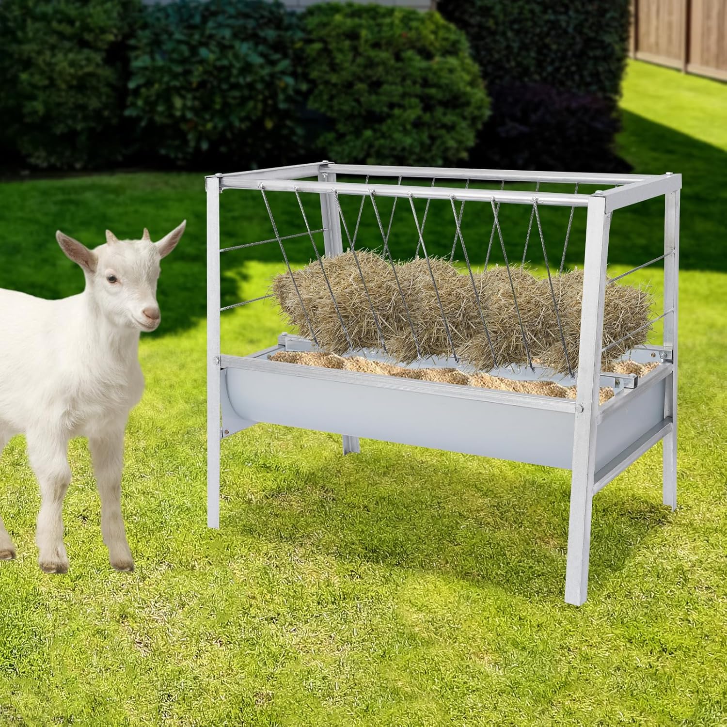 Grand râtelier à foin 2 en 1 pour bétail, mangeoire à foin et céréales, distributeur de nourriture autonome en acier robuste pour chèvres, moutons, chevaux et bovins (200 l)