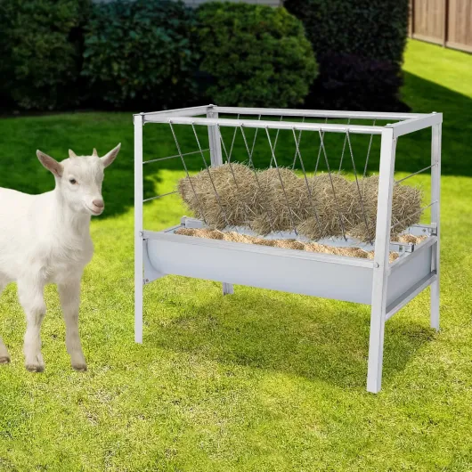 Grand râtelier à foin 2 en 1 pour bétail, mangeoire à foin et céréales, distributeur de nourriture autonome en acier robuste pour chèvres, moutons, chevaux et bovins (200 l)