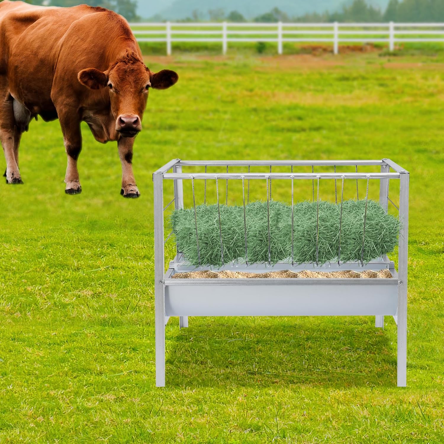 Mangeoire pour Chèvres 2 en 1, Ratelier à Foin et Mangeoire Double, Grande Capacité 200L/52.83Gal, Alimentation Bétail Acier Galvanisé Anti Gaspillage, pour Moutons Chevaux Alpagas, Ferme Élevage
