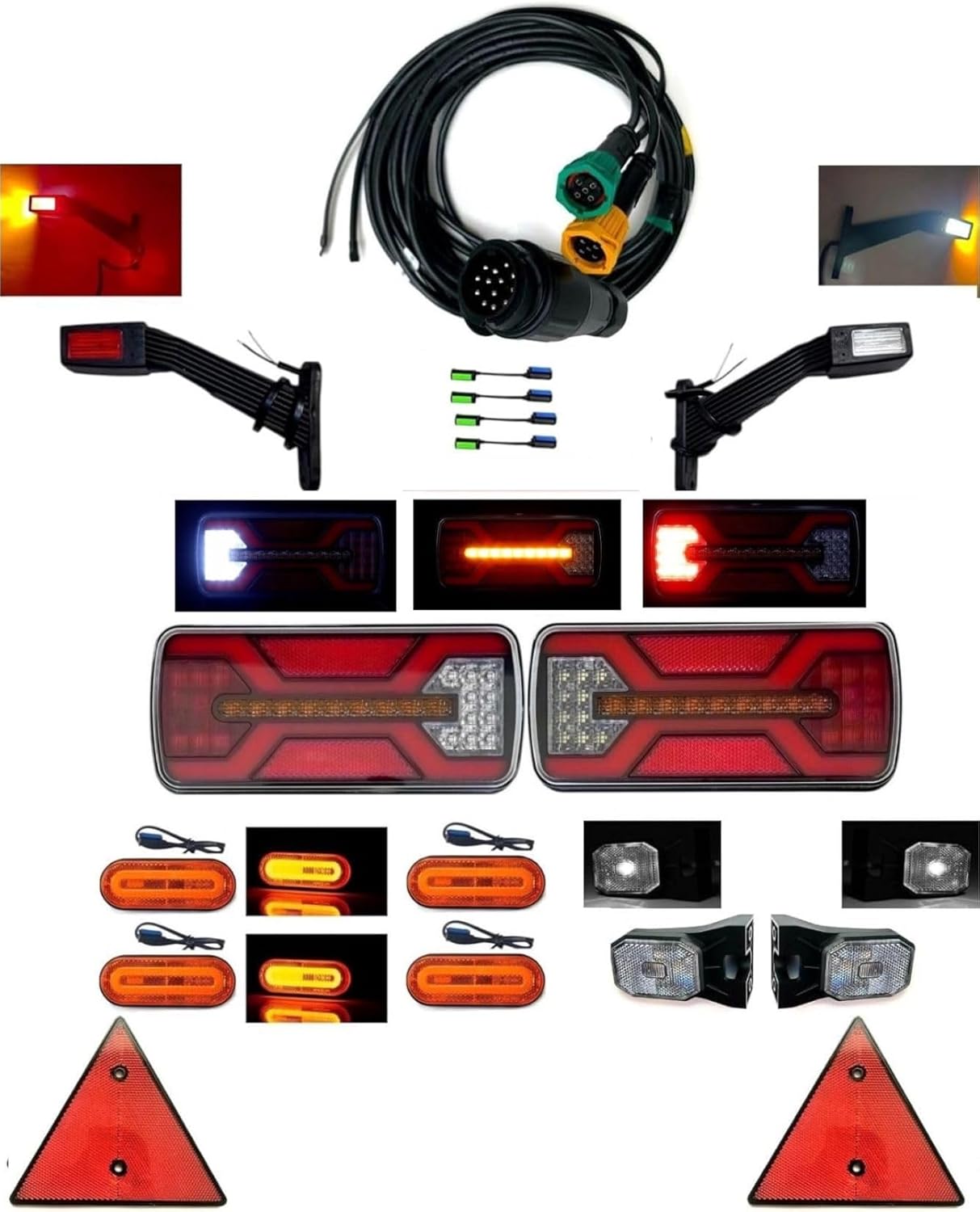 Kit éclairage LED remorque complet 5–9m – Feux arrière LED Neon 5 fonctions IP67, feux gabarit blancs/jaunes QS075 ou CLICK-ON, câble 13 broches, 12–24V, homologué E9 B - 2 blancs 100 x 63 mm + 4 jaunes 121 x 75 mm Kabel 5m/3,1m
