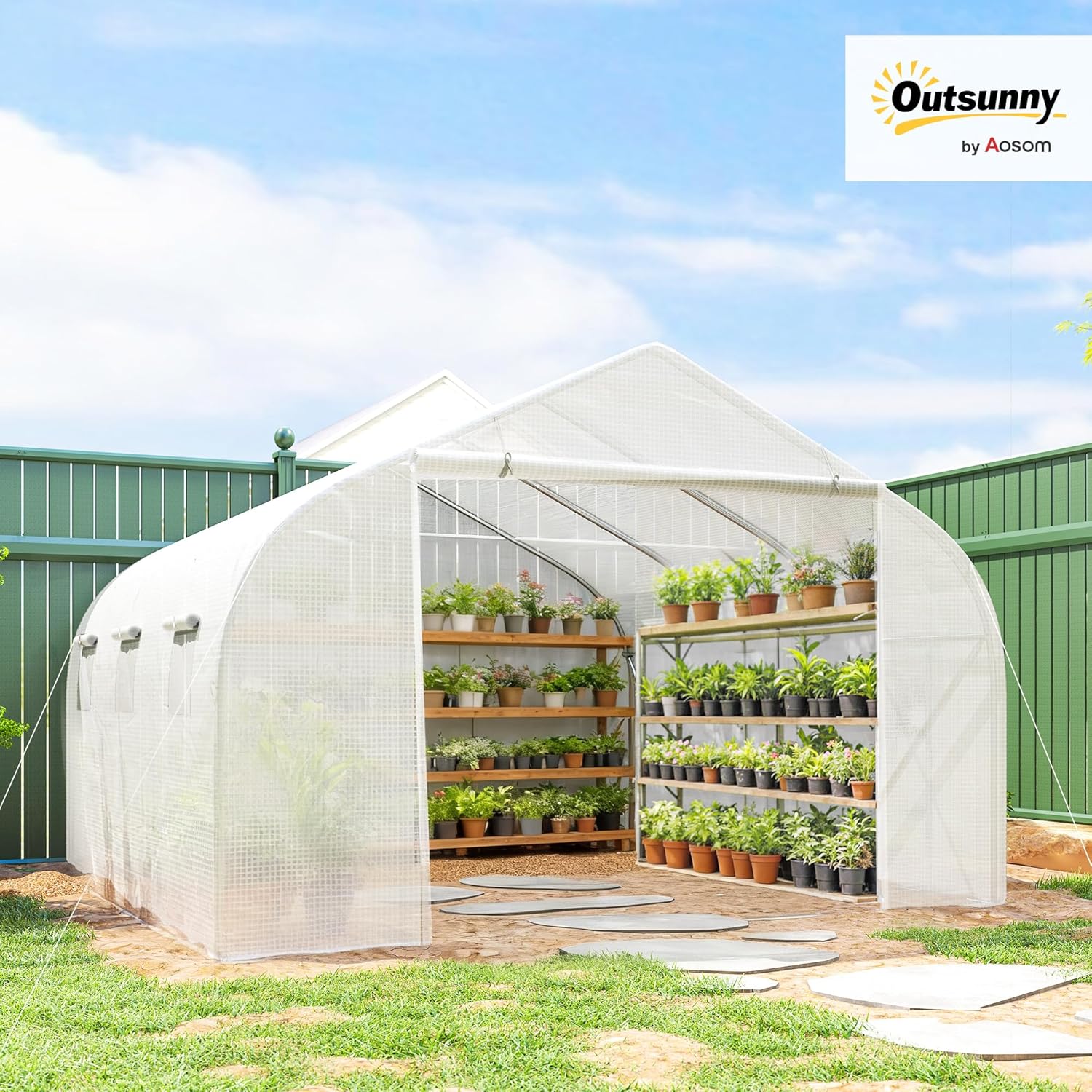 Serre Tunnel de Jardin 13,35 m² dim - 4,5L x 3l x 2H m Porte + 6 fenêtres enroulables Acier galvanisé bâche PE Haute densité Blanc 445x300x205cm Blanc