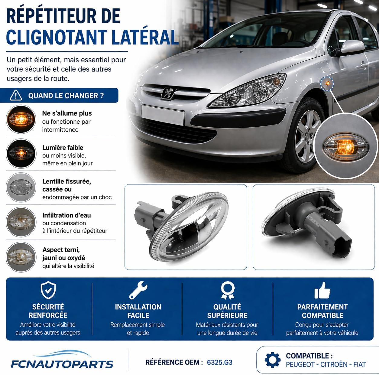 FCNAUTOPARTS Lot de 2 Répétiteurs Clignotants Latéraux 6325G3 6325G4 – Répétiteur d'Aile Peugeot 206 307 107 207 Partner Expert & Citroën C1 C2 C3 C5 Berlingo Xsara – Ampoule WY5W Incluse