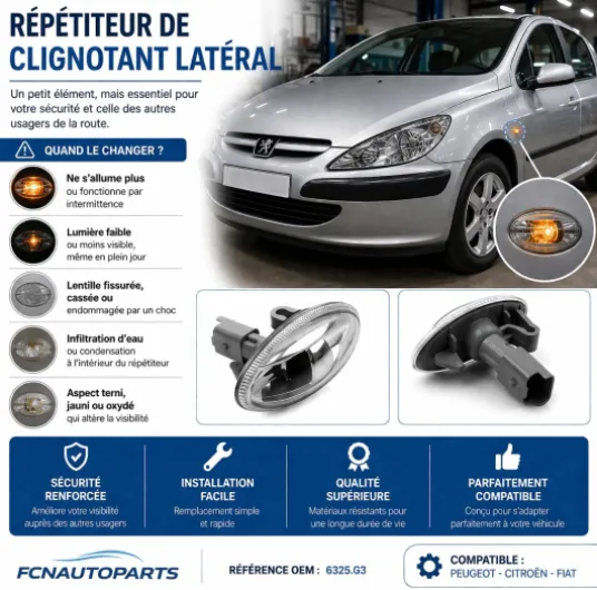 FCNAUTOPARTS Lot de 2 Répétiteurs Clignotants Latéraux 6325G3 6325G4 – Répétiteur d'Aile Peugeot 206 307 107 207 Partner Expert & Citroën C1 C2 C3 C5 Berlingo Xsara – Ampoule WY5W Incluse