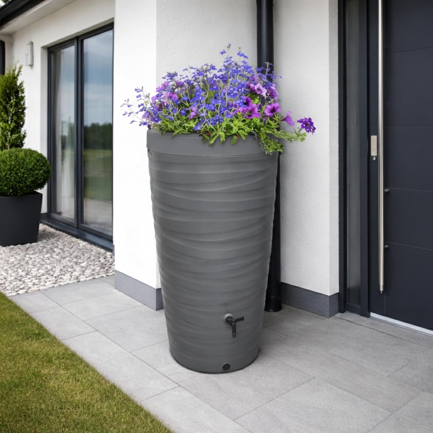 Récupérateur Eau de Pluie 240L [Wave Design de] en Plastique - avec Robinet, Reservoir Eau de Pluie recuperateur d Eau de Pluie - cuve Eau de Pluie - recuperateur Eau de Pluie (Gris) Grau