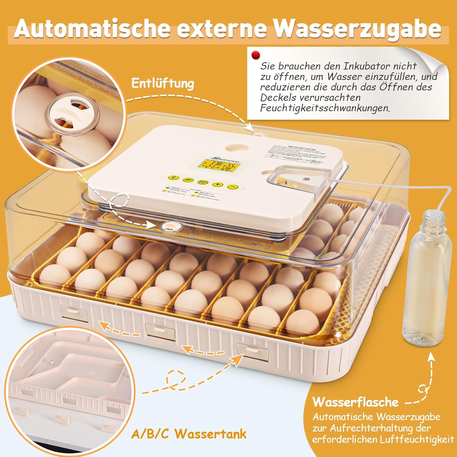 Couveuse Automatique pour 56 Œufs, Couveuse Oeuf Poule avec Retournement Automatique des Œufs, Contrôle de Température et Ajout Automatique d'Humidité, Jaune 56 oeufs(47,5cm*41cm*16cm) Jaune