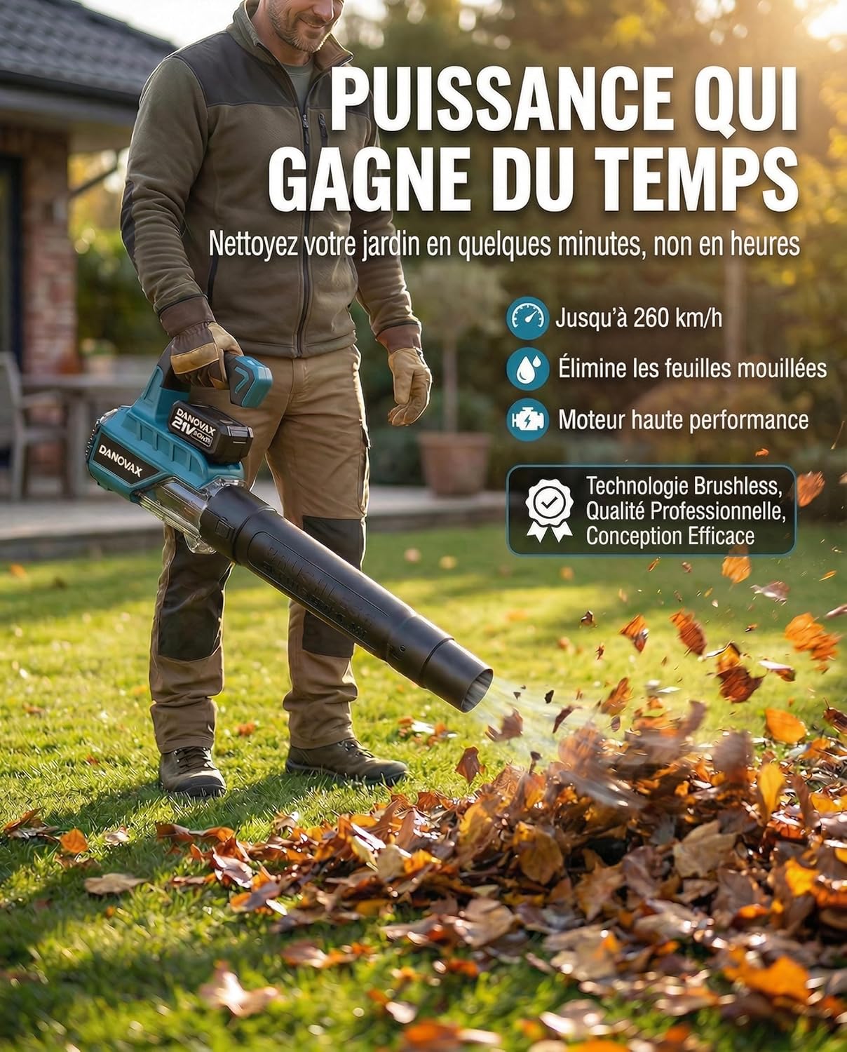 Souffleur Batterie - 2 Batteries 4 Ah Incluses - Moteur Brushless - 3 Vitesses - Grande Puissance de soufflage jusqu'à 260 km/h - Chargeur avec Base - Sac de Transport et Gants Inclus
