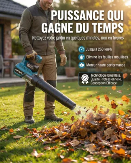 Souffleur Batterie - 2 Batteries 4 Ah Incluses - Moteur Brushless - 3 Vitesses - Grande Puissance de soufflage jusqu'à 260 km/h - Chargeur avec Base - Sac de Transport et Gants Inclus