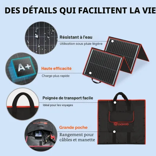 DOKIO 160W Kit Panneau Solaire Pliable Portable Monocristallin - Avec régulateur de charge solaire (2 ports USB) pour batteries 12V, camping-car, bateau 160 Watts