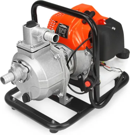 Pompe à Eau Industrielle en Acier Inoxydable Noire 1" Moteur Essence 2 Temps 5,2CV Pression Max 3,3 bars Débit 150-300 L/min Hauteur d'Aspiration 8m Portée 25m
