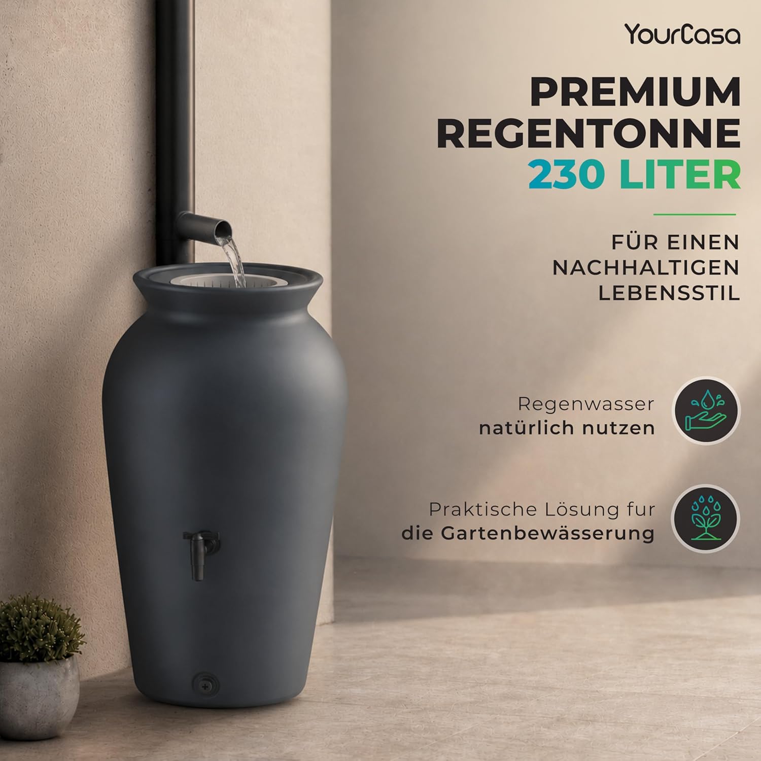 Récupérateur d'eau de Pluie 230 L, Amphore avec Robinet - Citerne eau de pluie compacte avec panier filtrant intégré, plastique recyclé résistant UV, pour jardin, terrasse ou balcon Anthracite 230L