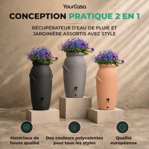 Test YourCasa Recuperateur d’Eau de Pluie 210L Amphore : joli dans le jardin, mais pas plug-and-play