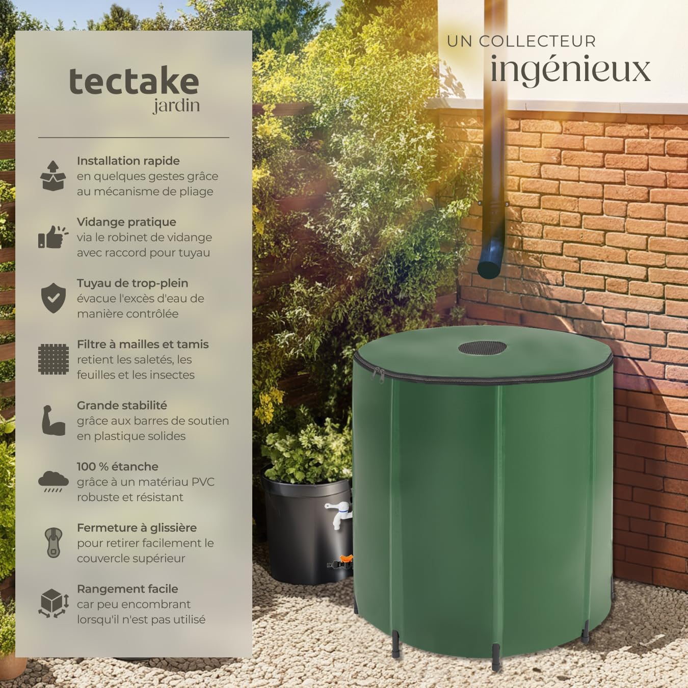 ® Récupérateur Eau de Pluie Pliable Réservoir d'eau Cuve Eau de Pluie Filtre en Filet Inoxydable Résistant aux Intempéries pour Arrosage Jardin Potager Plantes Arrosage Gazon - 500 litres