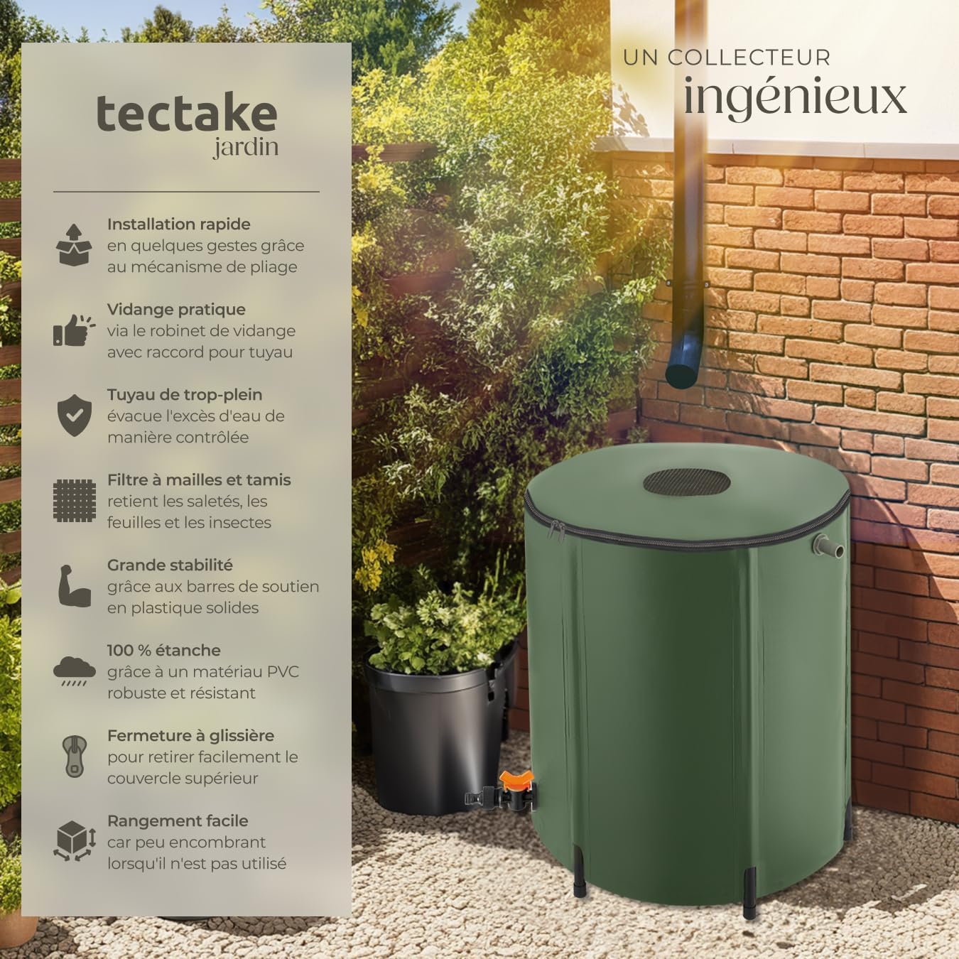 ® Récupérateur Eau de Pluie Pliable Réservoir d'eau Cuve Eau de Pluie Filtre en Filet Inoxydable Résistant aux Intempéries pour Arrosage Jardin Potager Plantes Arrosage Gazon - 200 litres