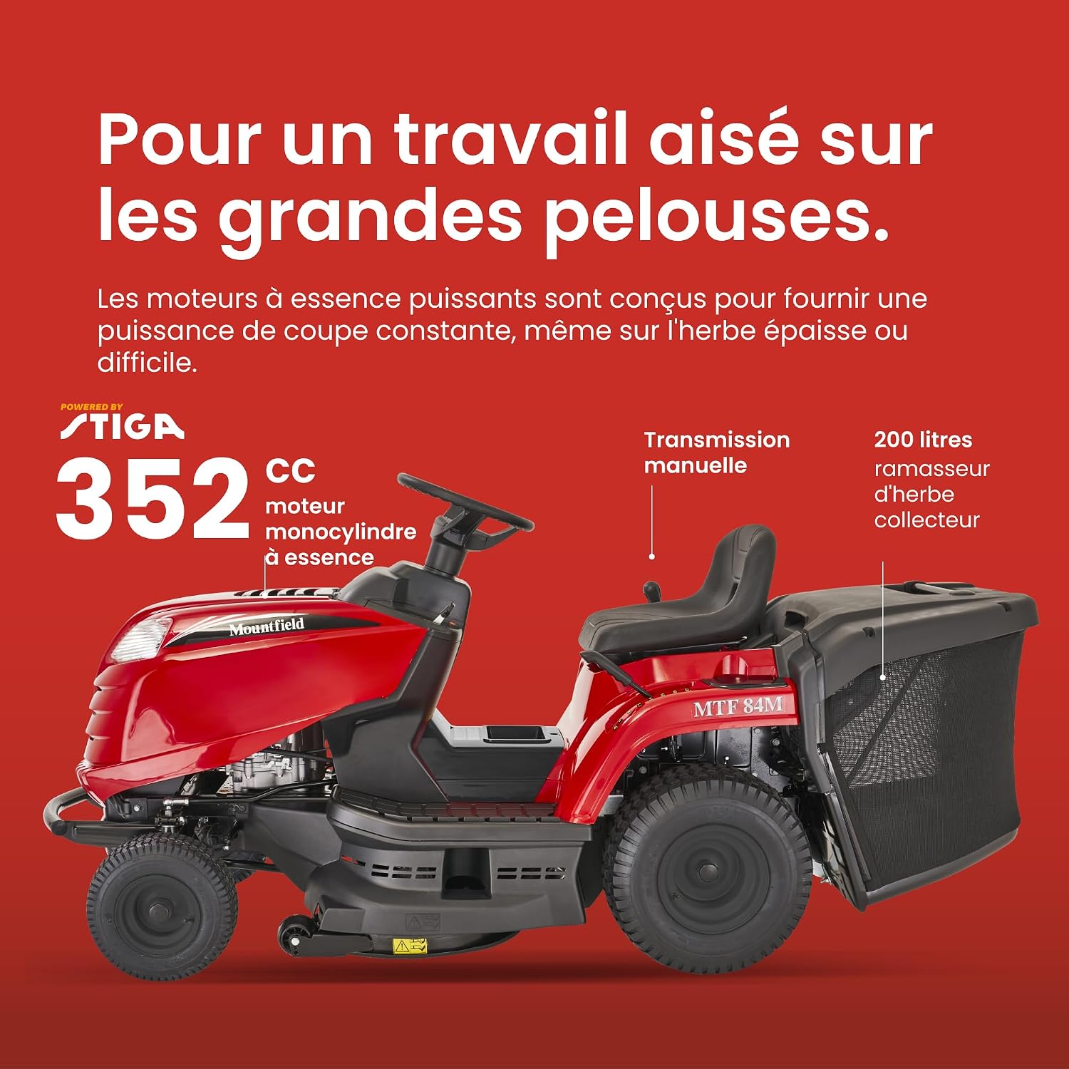Mountfield Tondeuse Autoportée MTF 84M, 352 cm3, 84 cm – Plateau 2 Lames, Bac 200 L – Pelouses jusqu'à 3 000 m² Largeur de Coupe - 84cm