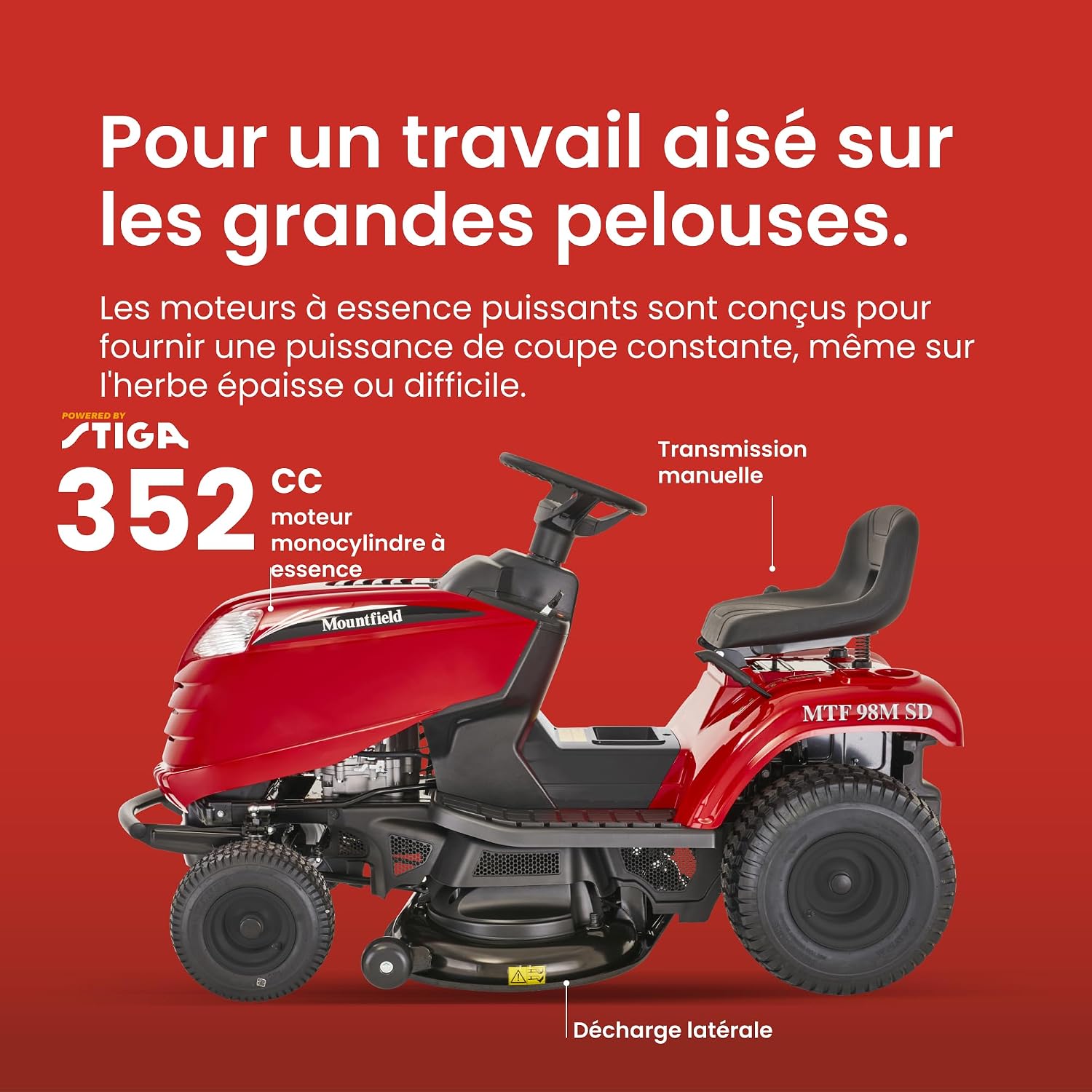 Mountfield Tracteur MTF 98M SD, 98 cm – Transmission Manuelle, Éjection Latérale – Pelouses Jusqu'à 8 000 m² Largeur de Coupe - 98cm