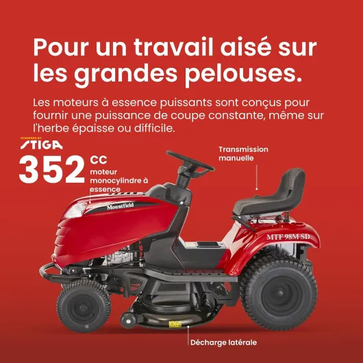 Mountfield Tracteur MTF 98M SD, 98 cm – Transmission Manuelle, Éjection Latérale – Pelouses Jusqu'à 8 000 m² Largeur de Coupe - 98cm