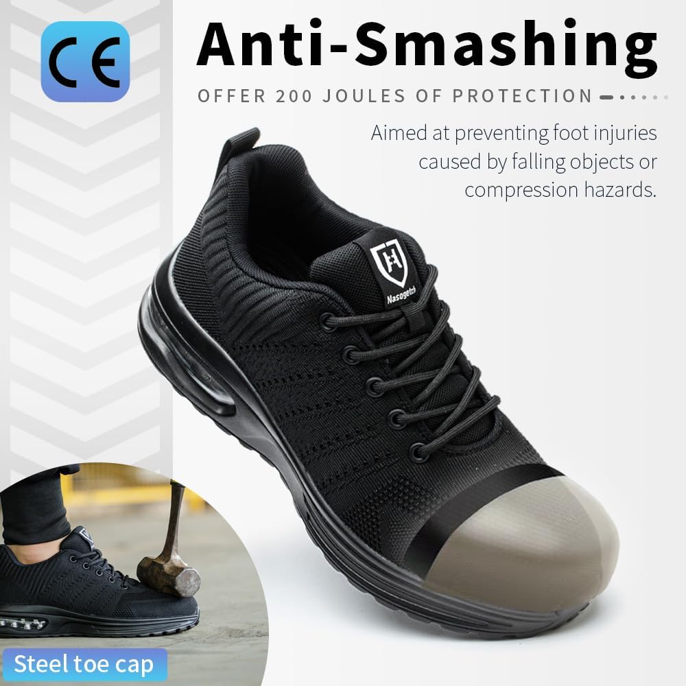 Nasogetch Chaussures de Sécurité Hommes Femme Basket de Securite Légère Confortable Respirante Embout Acier Protection Chaussures de Travail 44 EU Noir