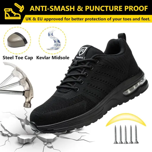 Chaussures de Sécurité Hommes Femmes Légère Basket Securite Confortable Antidérapante Chaussures de Travail Respirantes 42 EU Noir