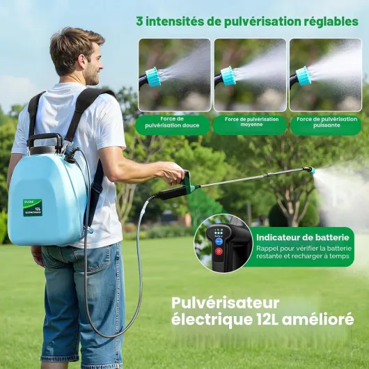 Pulverisateur Electrique 12L, 3 Vitesses Pulverisateur de Jardin avec Indicateur, 7.4V Puissant Pulvérisateur à Batterie avec 5 Buses, Pulvérisateur à Dos pour Pelouse Cour Jardin (Bleu)