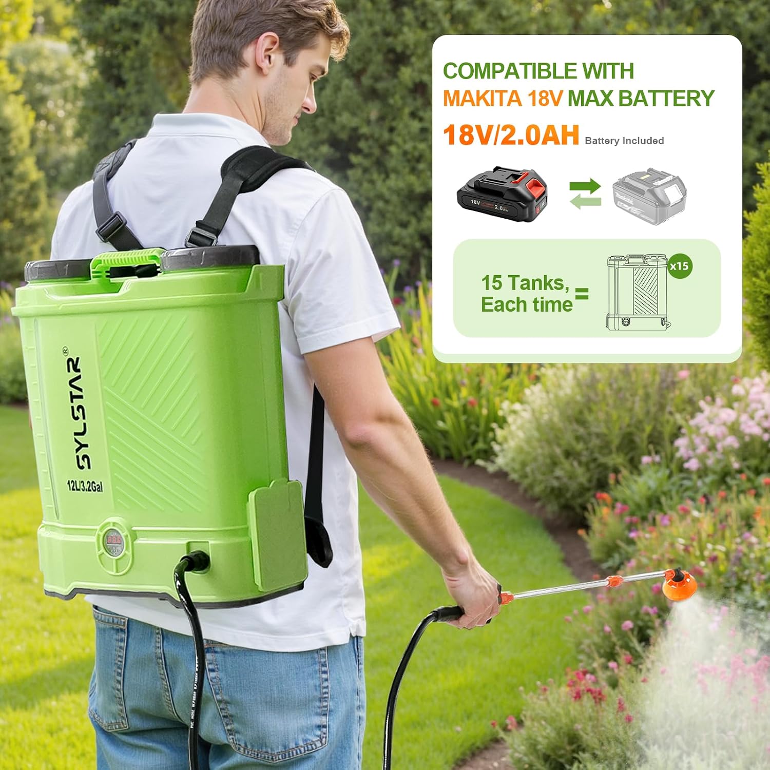 Pulverisateur Electrique 12L, 5,5 Bar Pulvérisateur de Jardin Compatible avec Makita 18V Batteries, 5 Buses Pulvérisateur à Dos, Vitesse Réglable pour Pelouse Cour(Chargeur Inclus)