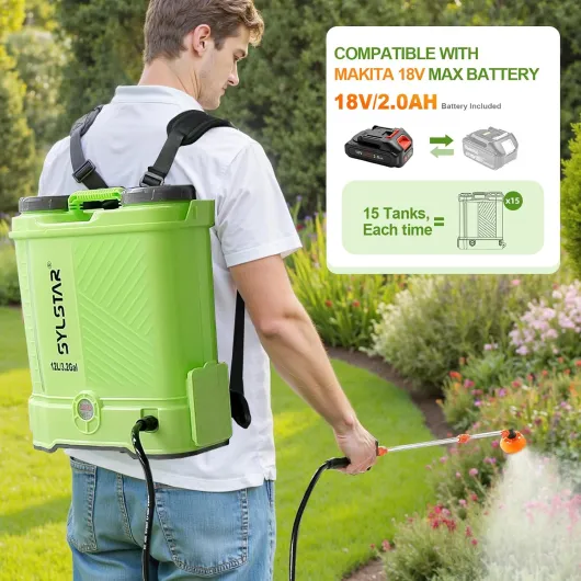 Pulverisateur Electrique 12L, 5,5 Bar Pulvérisateur de Jardin Compatible avec Makita 18V Batteries, 5 Buses Pulvérisateur à Dos, Vitesse Réglable pour Pelouse Cour(Chargeur Inclus)
